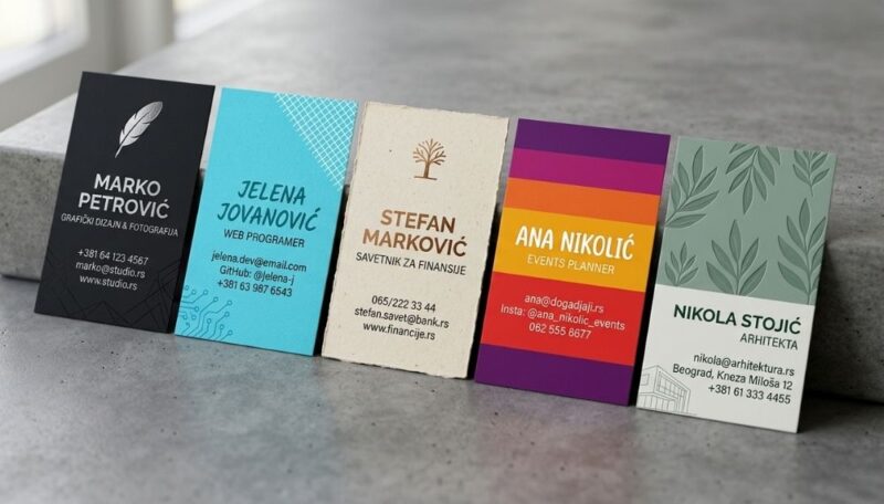 Različite vizit karte u više boja i stilova poređane jedna pored druge