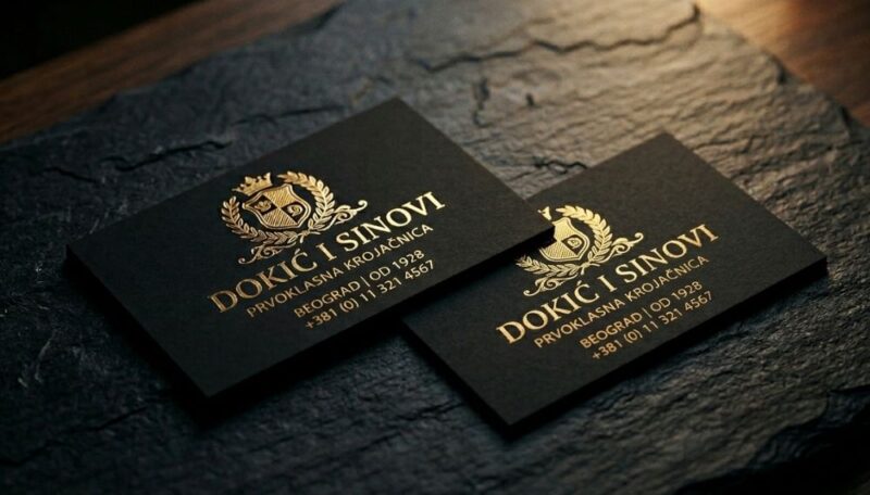 Elegantne crne vizit karte sa zlatnim reljefnim detaljima i luksuznim dizajnom