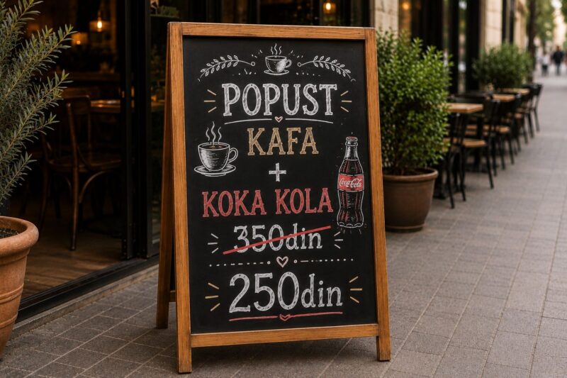 Reklamna tabla ispred kafića sa ponudom pića i promotivnom akcijom
