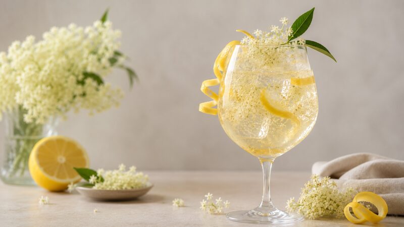 Elderflower Spritz koktel sa limunom i cvetovima zove u elegantnoj čaši