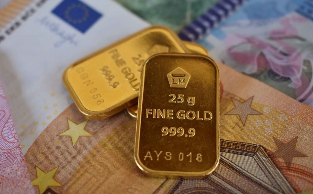 Dve zlatne poluge investicionog zlata finoće 999,9 postavljene na novčanice evra, sa oznakom težine od 25 grama na prednjoj poluzi